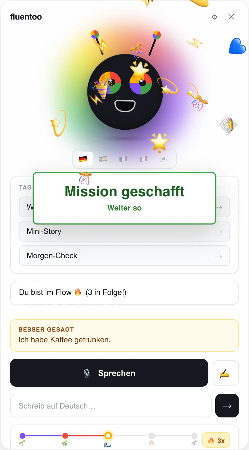 Fluentoo after a completed mission: emoji confetti, a 'Mission geschafft' banner and a correction card reading 'Ich habe Kaffee getrunken.'
