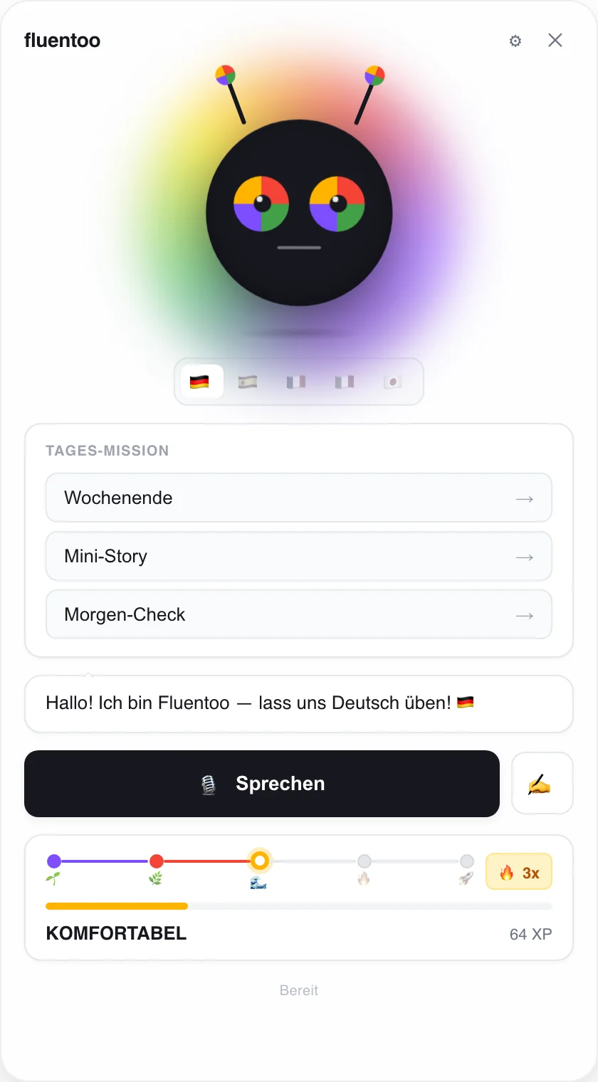 Fluentoo window showing the avatar, three daily missions, the Sprechen button and a five-stage progress track